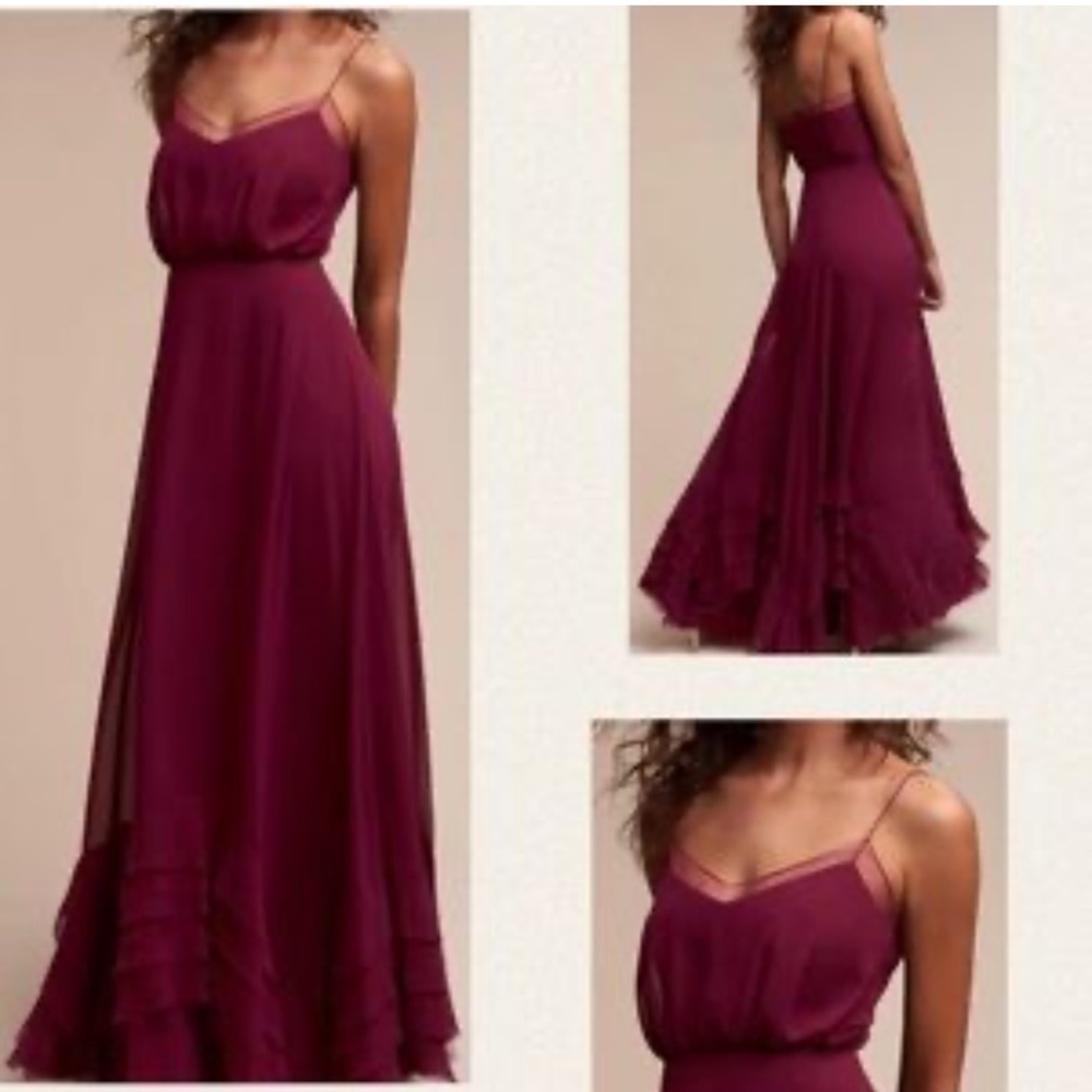 Watters Dove maxi Dress women 0 Elegant Burgundy gown event wedding ruffle hem - Picture 6 of 15
